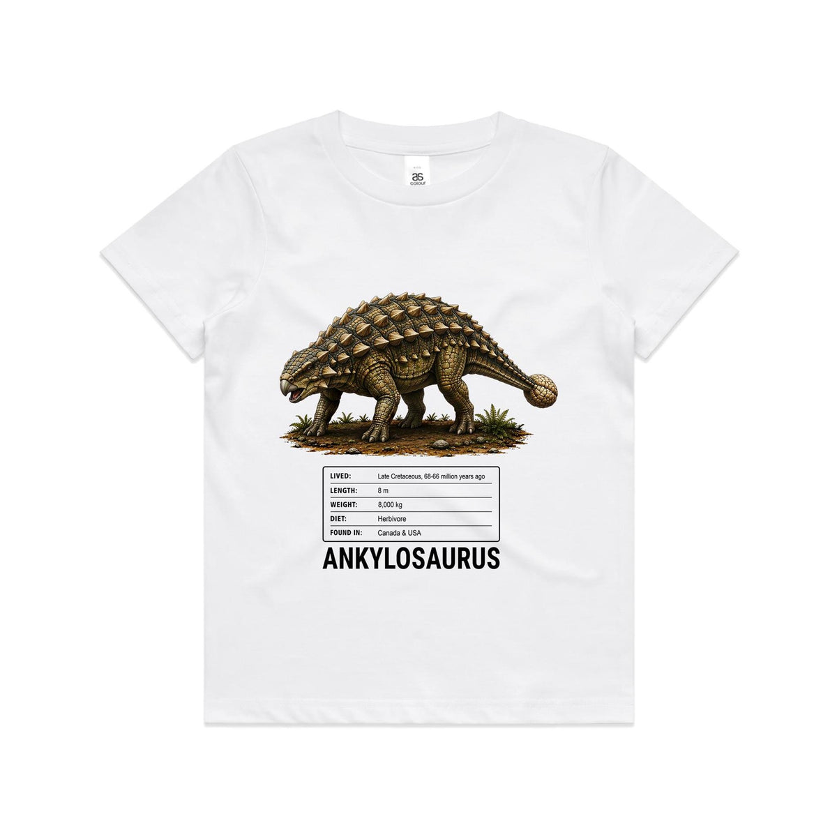 White Voltare kids tee with olive-brown armoured Ankylosaurus artwork, golden spikes, a clubbed tail, dinosaur facts panel and black Ankylosaurus lettering on the front.