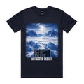 Voltare Antarctic Desert navy tee front with icy mountain landscape and five-fact panel