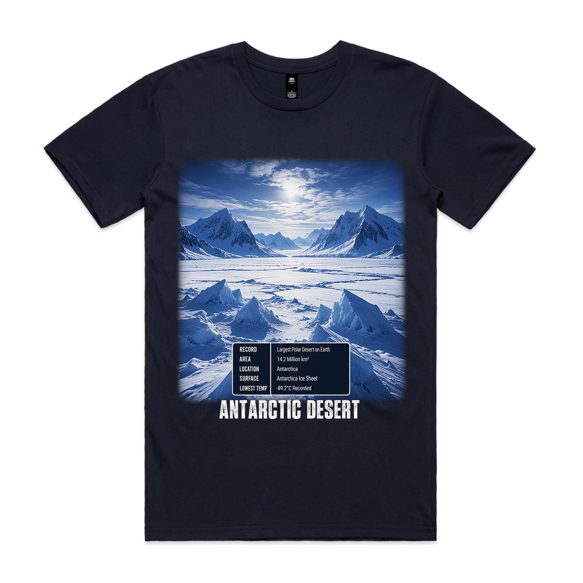 Voltare Antarctic Desert navy tee front with icy mountain landscape and five-fact panel