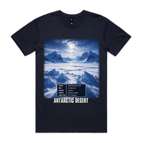 Voltare Antarctic Desert navy tee front with icy mountain landscape and five-fact panel