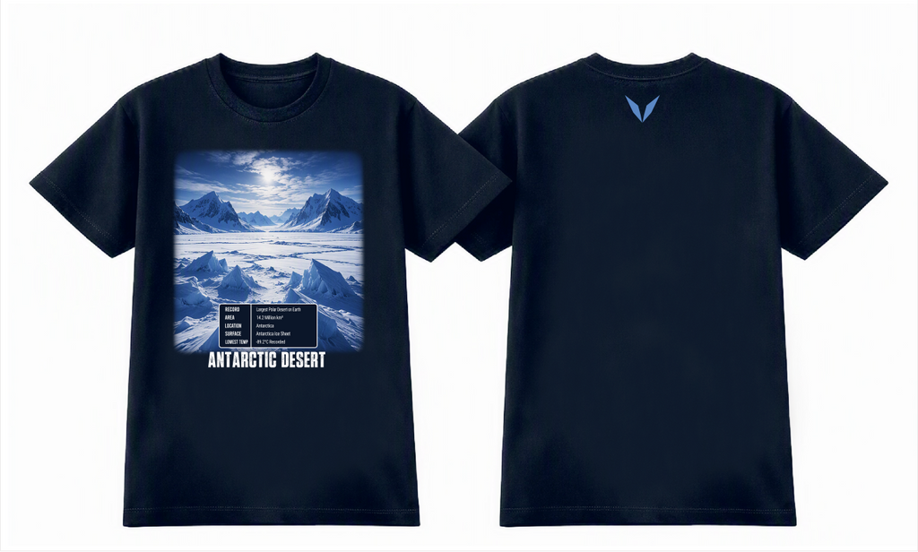 Voltare Antarctic Desert navy tee front and back preview showing icy landscape artwork and blue Voltare V