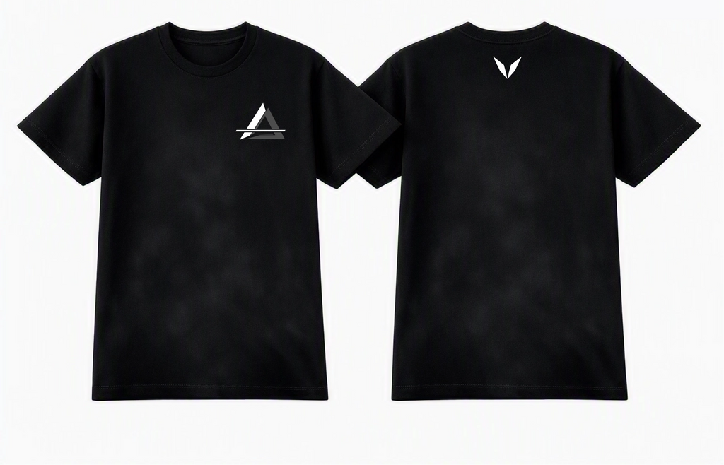 Front and back of Voltare Apex Shift black graphic tee showing triangular left-chest emblem and white Voltare V