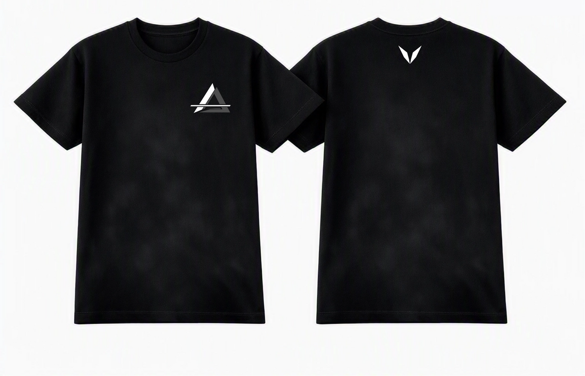 Front and back of Voltare Apex Shift black graphic tee showing triangular left-chest emblem and white Voltare V