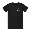 Front of Voltare Apex Shift black graphic tee with white and dark-grey triangular emblem on the left chest