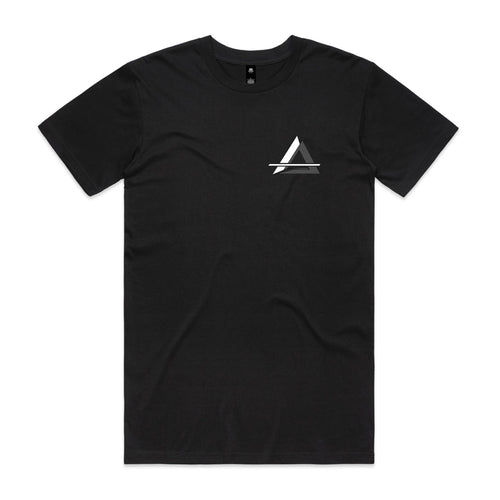 Front of Voltare Apex Shift black graphic tee with white and dark-grey triangular emblem on the left chest