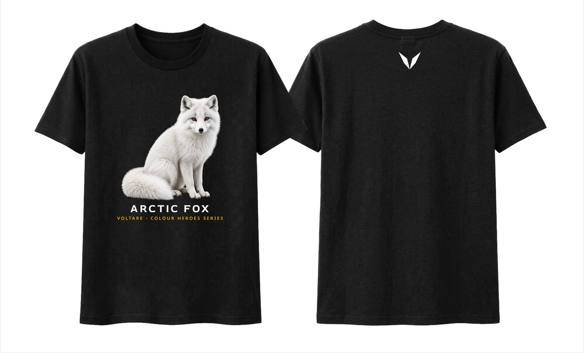 Front and back preview of the black Voltare Arctic Fox Colour Heroes Worldwide T-shirt, with white fox artwork on the front and a white Voltare V on the back.