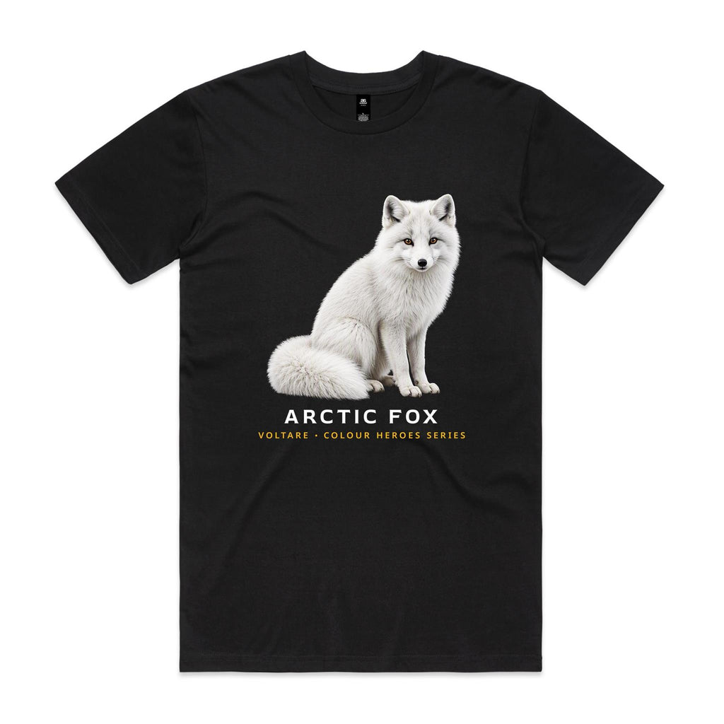 Front of the black Voltare Arctic Fox Colour Heroes Worldwide T-shirt with a seated white fox, upright ears and a thick curled tail.