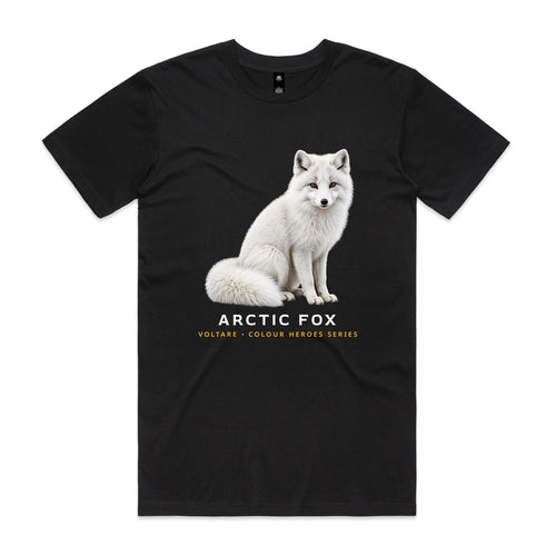 Front of the black Voltare Arctic Fox Colour Heroes Worldwide T-shirt with a seated white fox, upright ears and a thick curled tail.