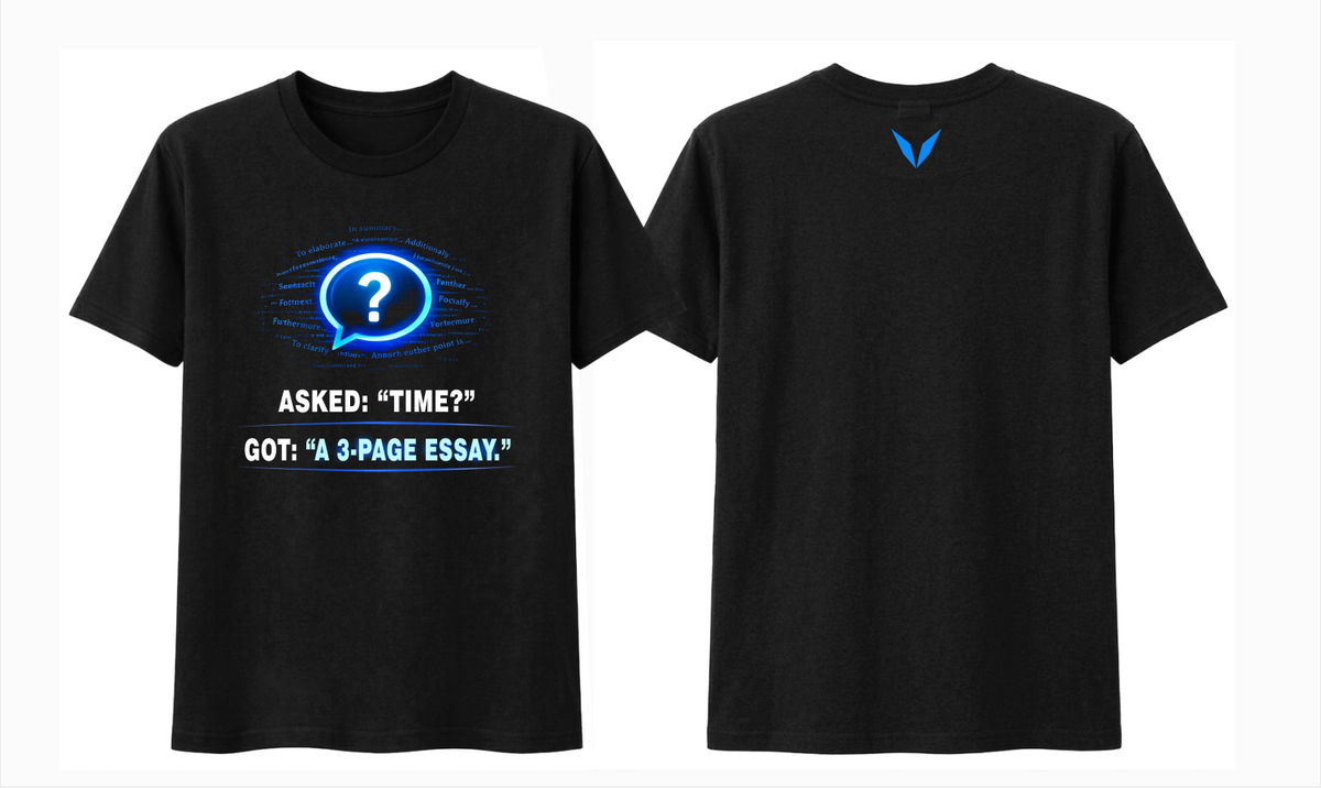 Front and back of black Voltare Asked AI the Time T-shirt showing the blue question-mark graphic, humorous slogan and blue V back logo