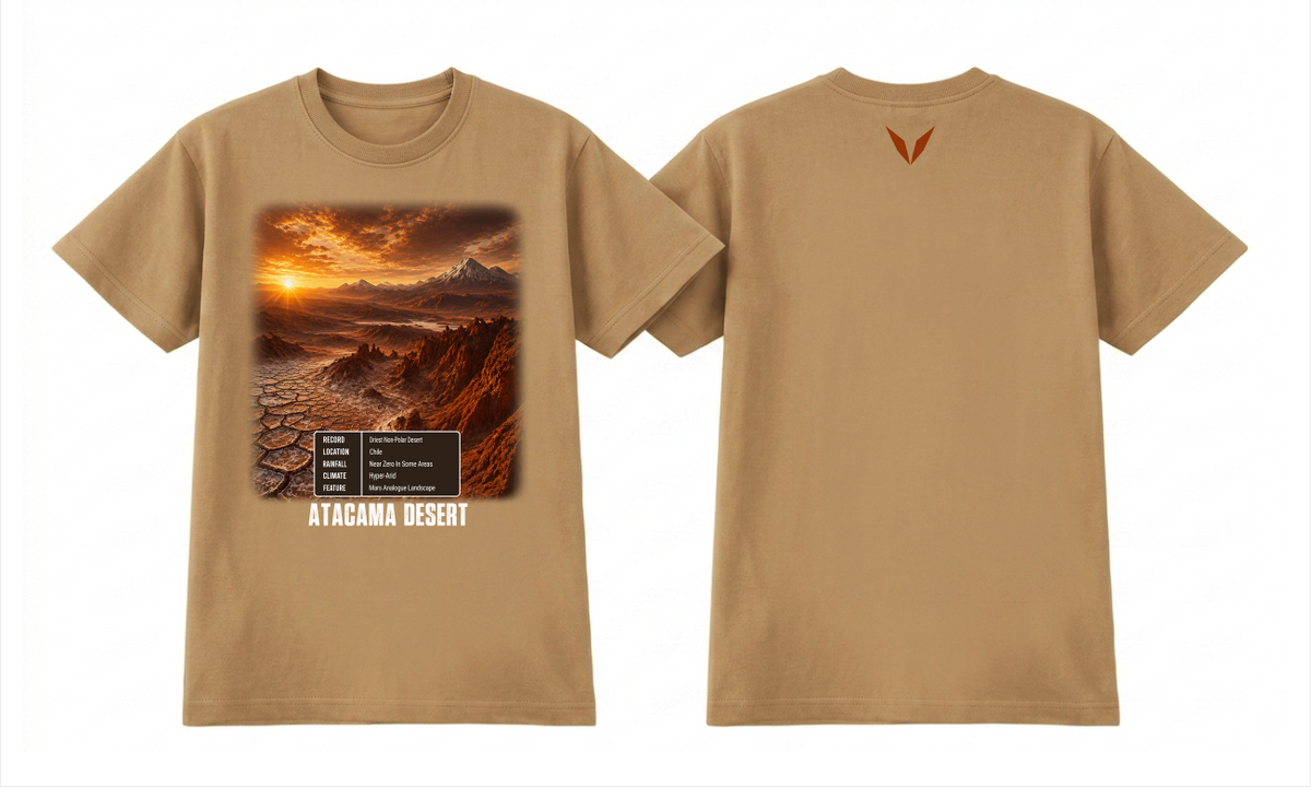 Front and back views of the Voltare Atacama Desert camel tee with sunset desert artwork and a rust-orange Voltare V