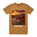 Voltare Atacama Desert camel tee with sunset desert artwork, rugged ridges, a five-fact panel and ATACAMA DESERT lettering on the front