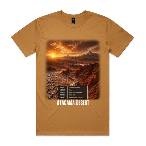 Voltare Atacama Desert camel tee with sunset desert artwork, rugged ridges, a five-fact panel and ATACAMA DESERT lettering on the front