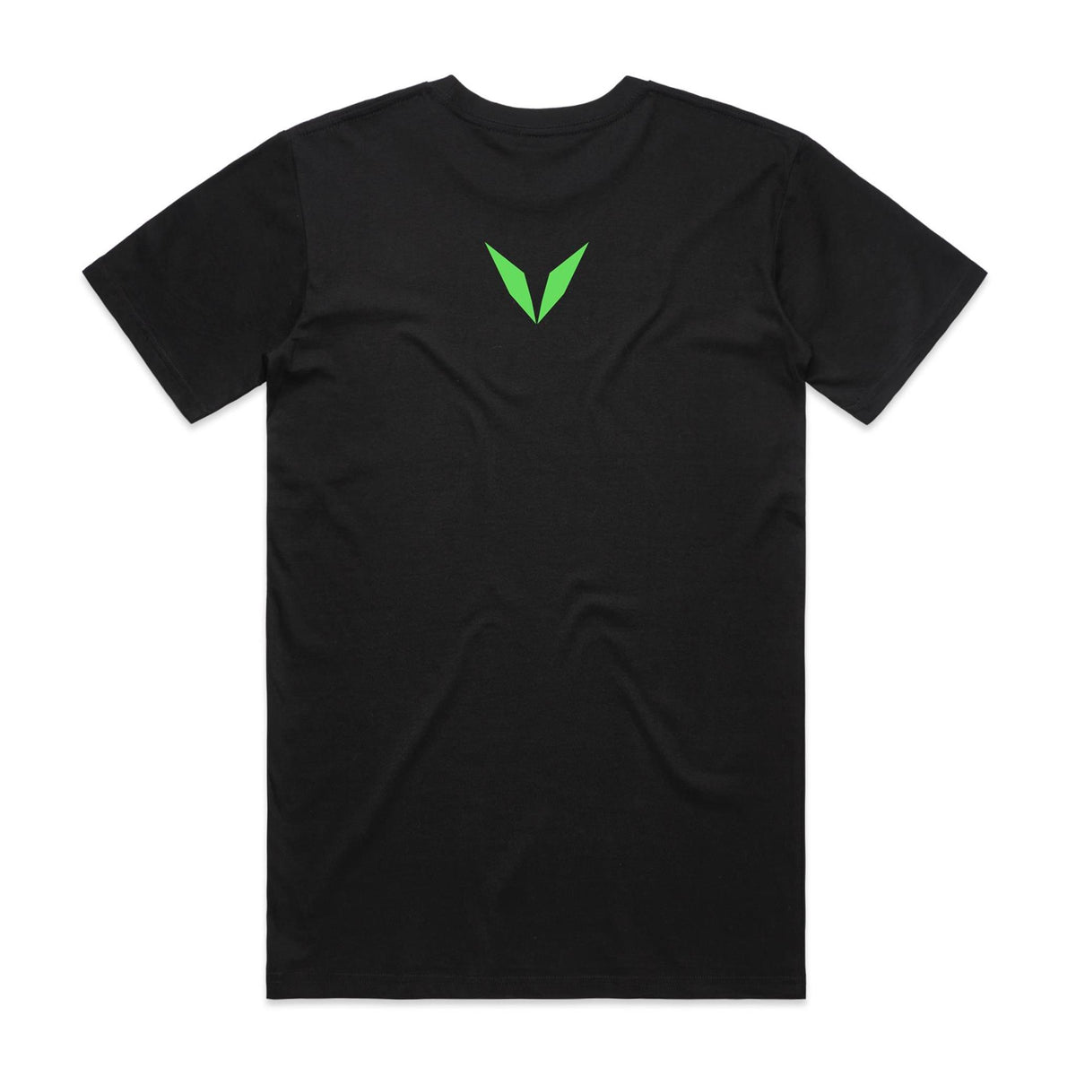 Back of Voltare Aurora Australis Phenomena black tee with bright-green Voltare V logo