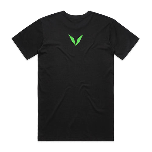 Back of Voltare Aurora Australis Phenomena black tee with bright-green Voltare V logo