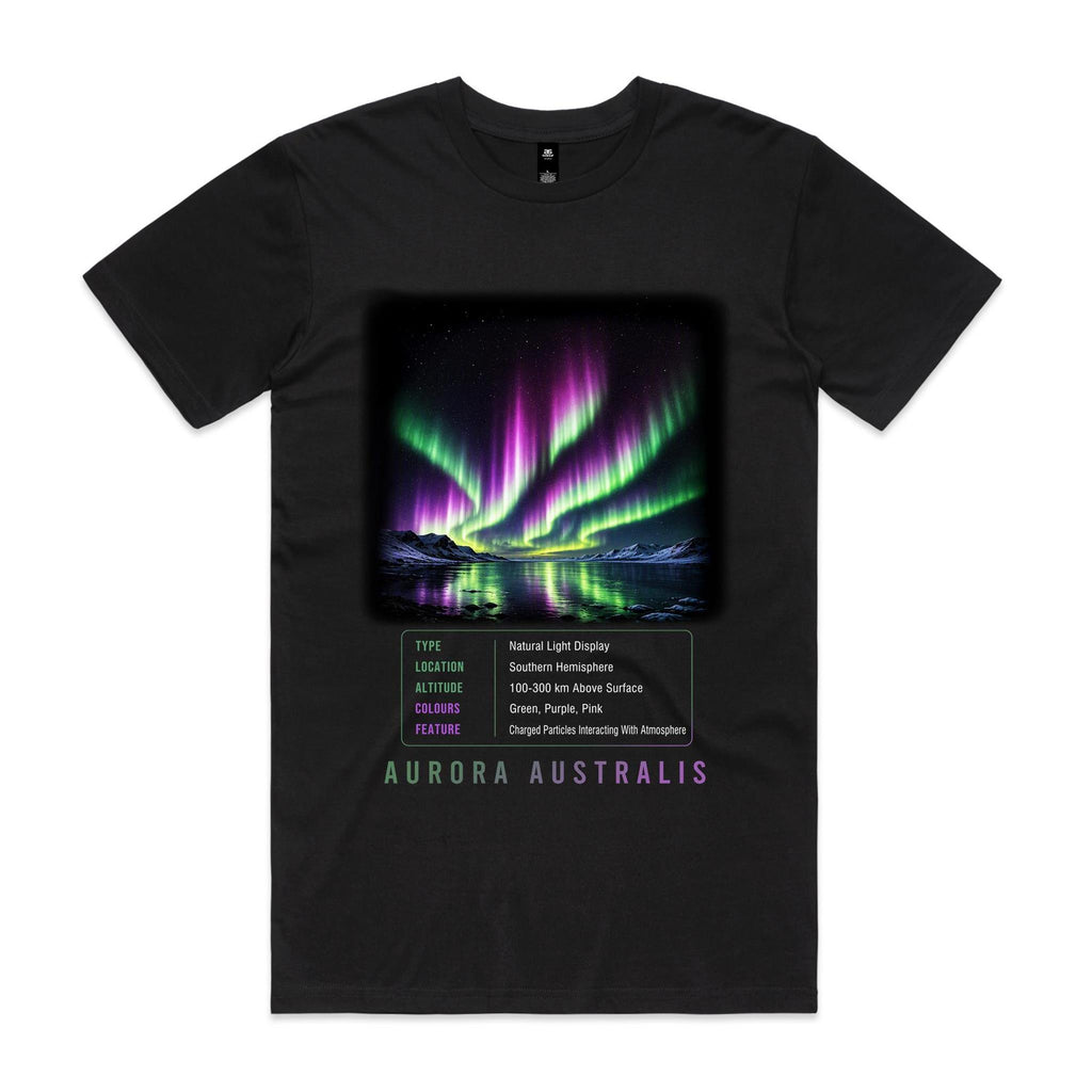 Front of Voltare Aurora Australis black tee with green and purple southern lights reflected in water between snowy mountains, aurora-facts panel and lettering