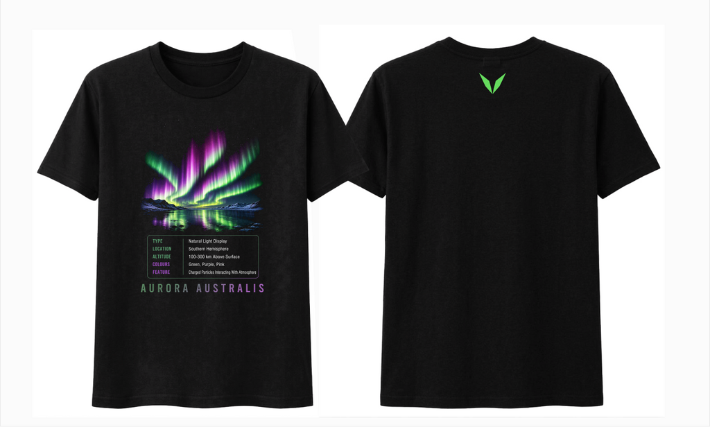 Front and back preview of Voltare Aurora Australis black tee with southern lights artwork, aurora-facts panel and bright-green Voltare V logo