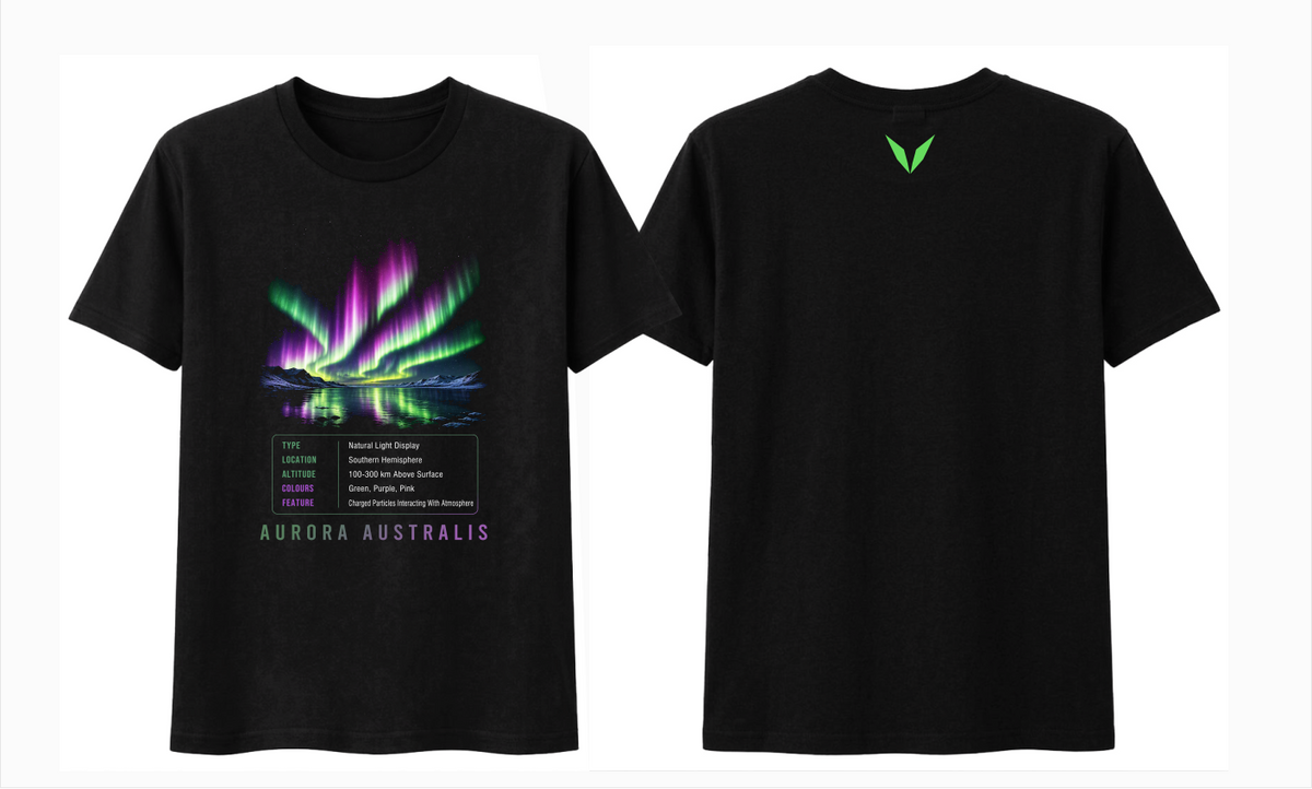 Front and back preview of Voltare Aurora Australis black tee with southern lights artwork, aurora-facts panel and bright-green Voltare V logo