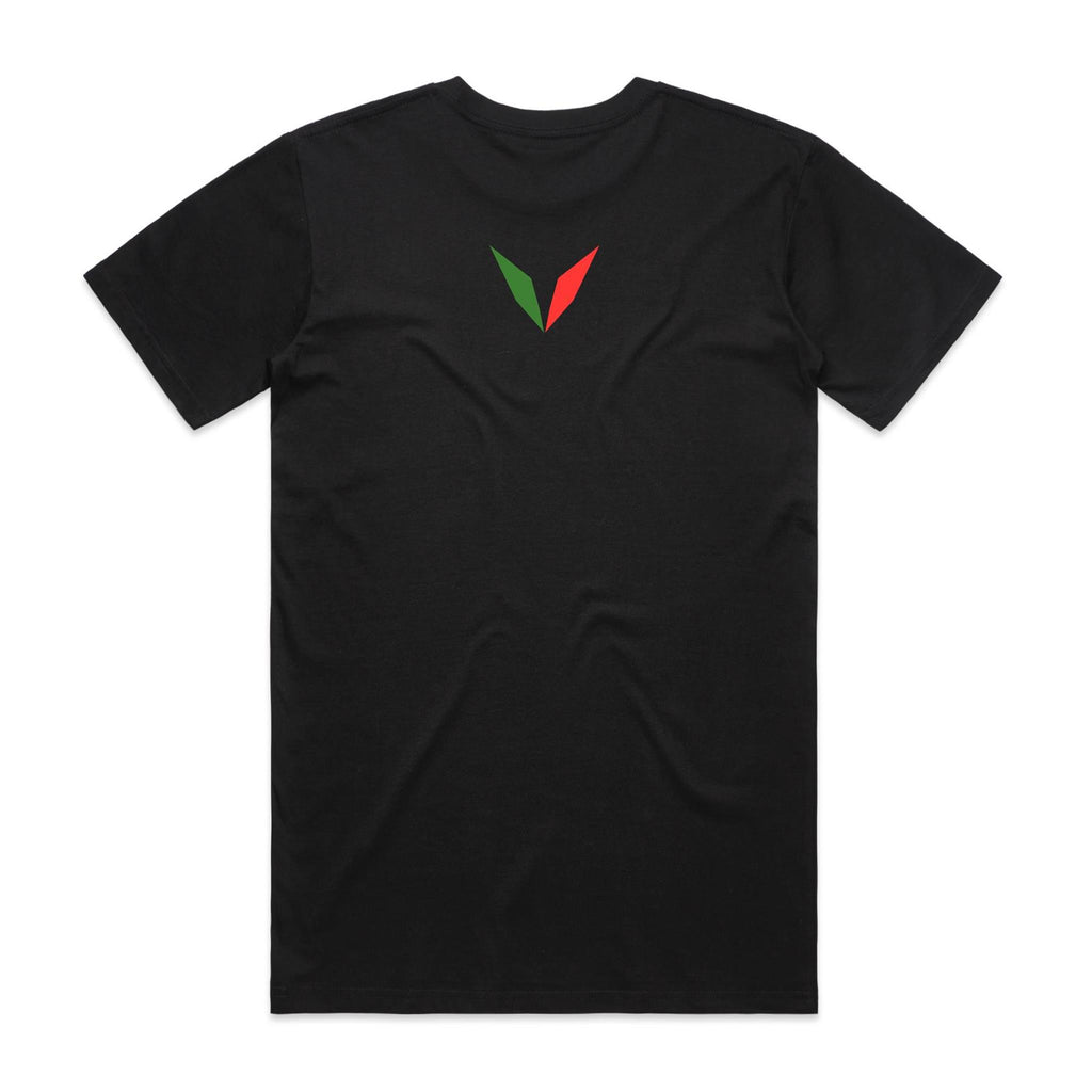 Back of Voltare Black Australian King-Parrot T-shirt with a green-and-red Voltare V on the upper back.