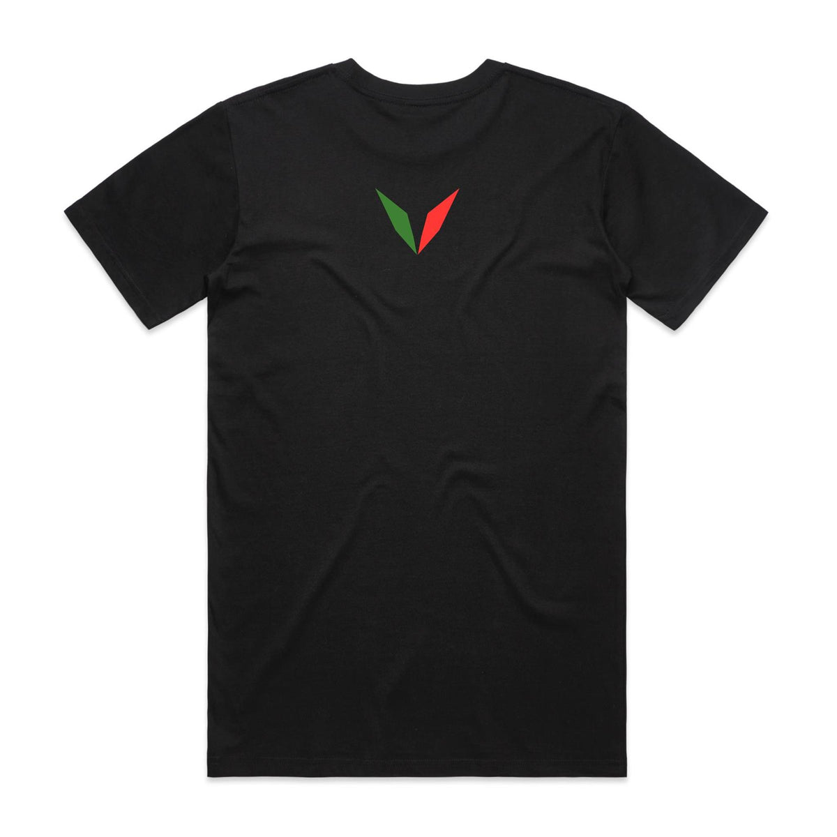 Back of Voltare Black Australian King-Parrot T-shirt with a green-and-red Voltare V on the upper back.