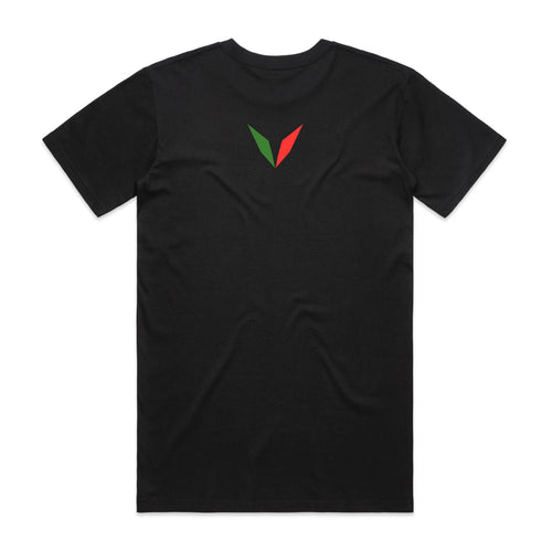 Back of Voltare Black Australian King-Parrot T-shirt with a green-and-red Voltare V on the upper back.
