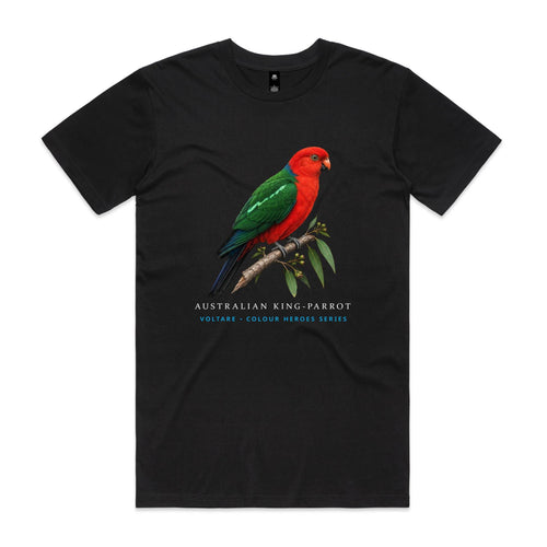 Front of Voltare Black Australian King-Parrot T-shirt featuring a red-and-green parrot perched on a eucalyptus branch.
