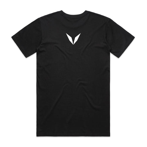 Back of Voltare Axis Mark black graphic tee with white Voltare V on the upper back