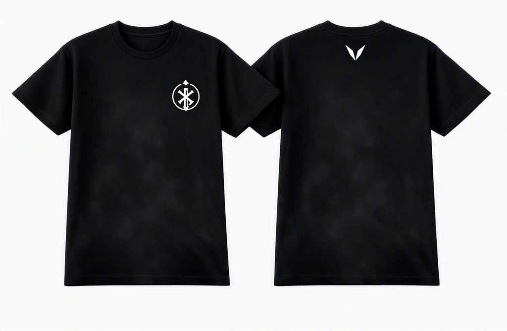 Front and back of Voltare Axis Mark black graphic tee showing white circular left-chest emblem and white Voltare V
