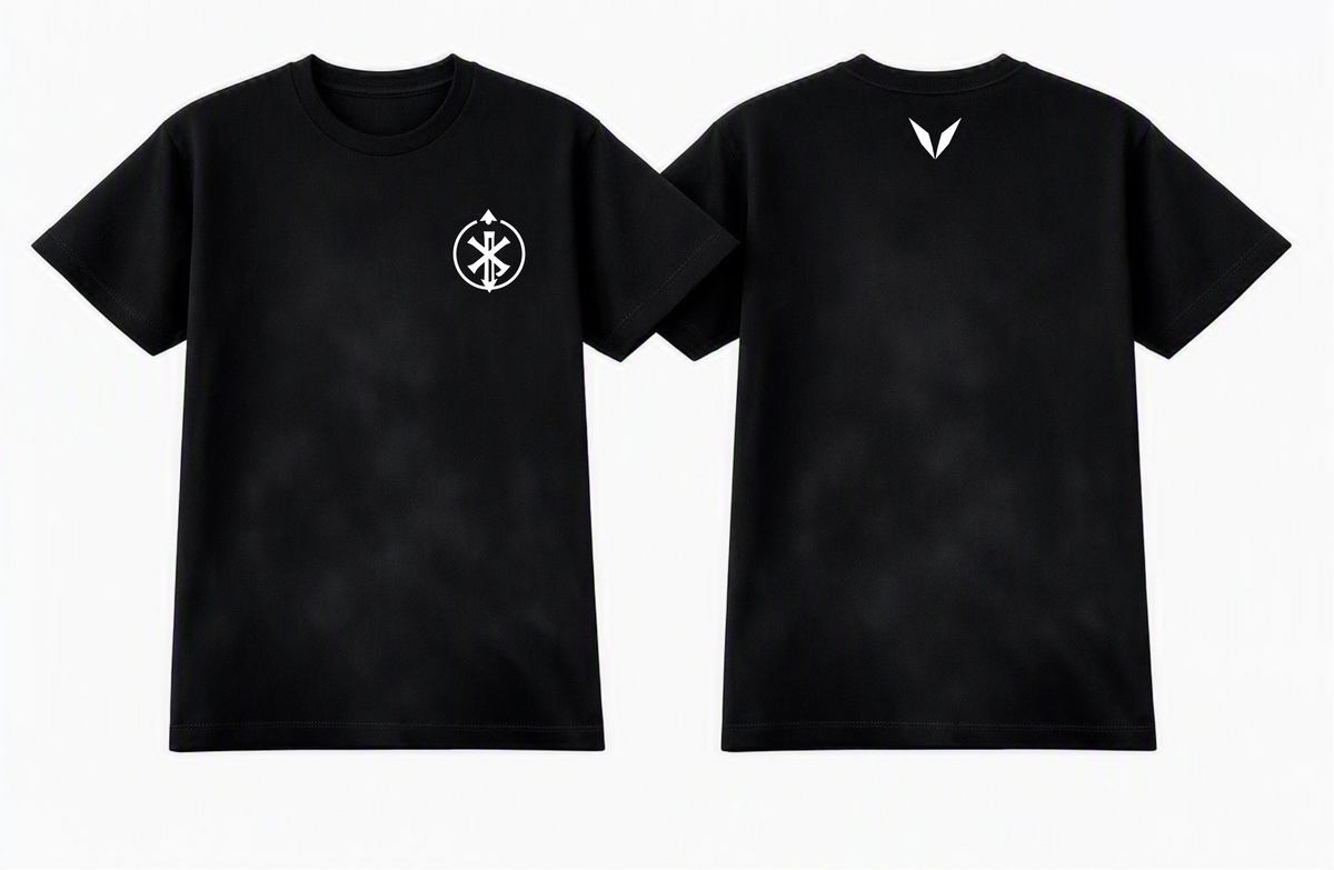 Front and back of Voltare Axis Mark black graphic tee showing white circular left-chest emblem and white Voltare V