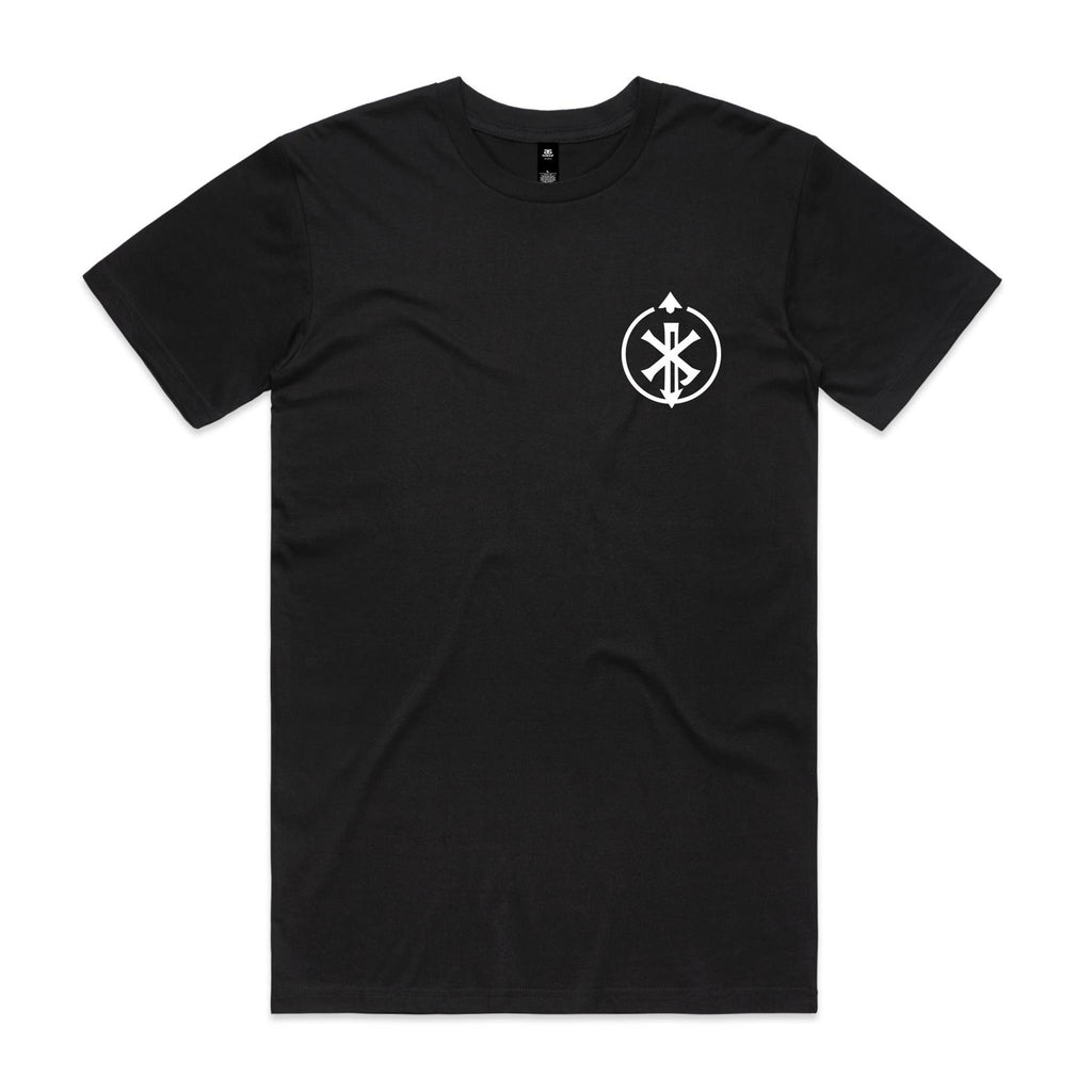 Front of Voltare Axis Mark black graphic tee with white circular geometric emblem on the left chest