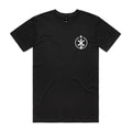 Front of Voltare Axis Mark black graphic tee with white circular geometric emblem on the left chest