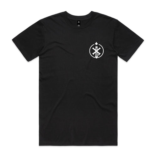 Front of Voltare Axis Mark black graphic tee with white circular geometric emblem on the left chest
