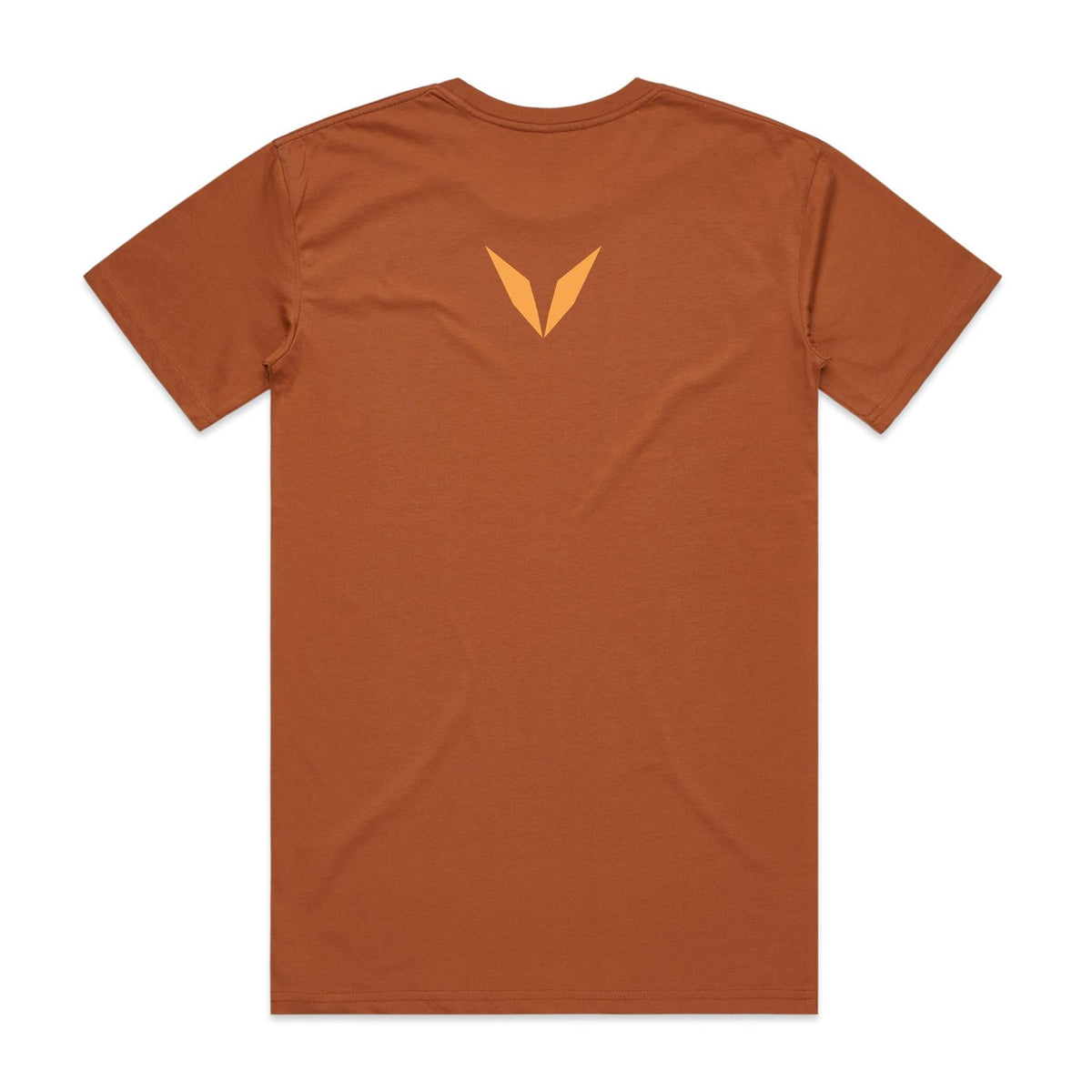 Back of the Copper Voltare Aztec Jaguar Warrior tee with a golden-orange Voltare V high on the back