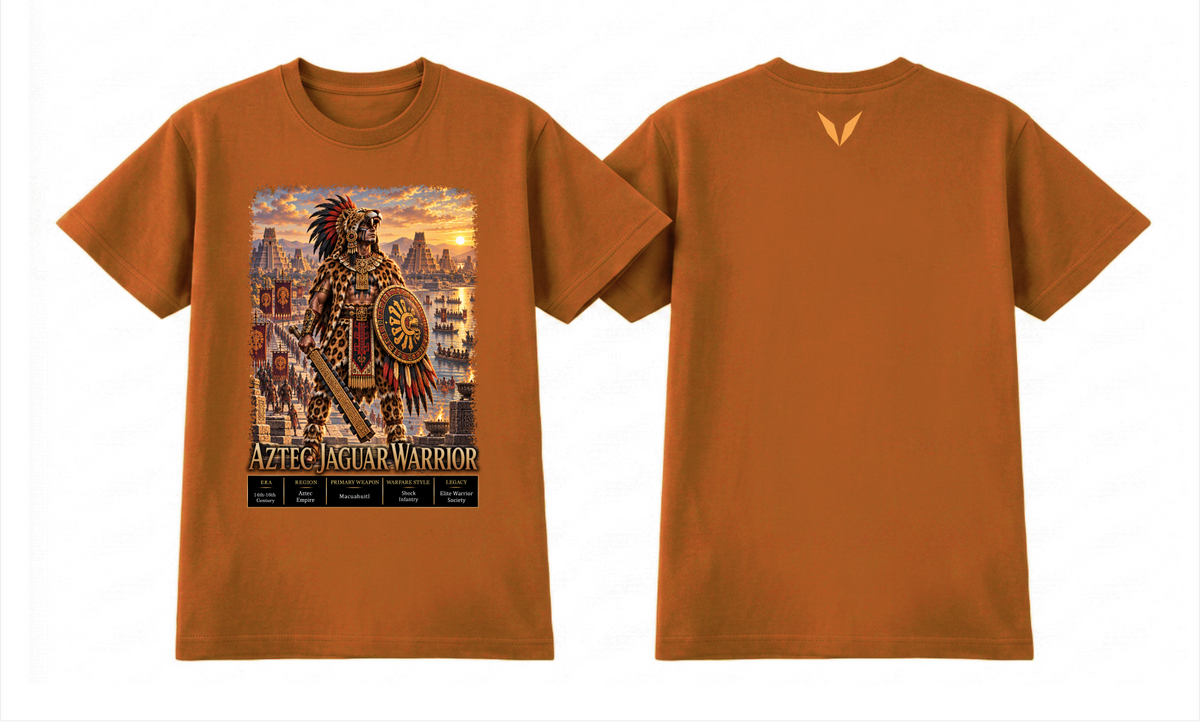 Front and back preview of the Voltare Aztec Jaguar Warrior tee showing jaguar-clad warrior artwork and a golden-orange Voltare V on a copper-orange garment
