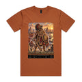 Copper Voltare Aztec Jaguar Warrior tee featuring a jaguar-clad warrior with a macuahuitl, ornate shield, temples and historical fact panels