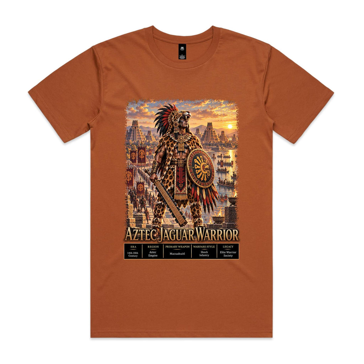 Copper Voltare Aztec Jaguar Warrior tee featuring a jaguar-clad warrior with a macuahuitl, ornate shield, temples and historical fact panels