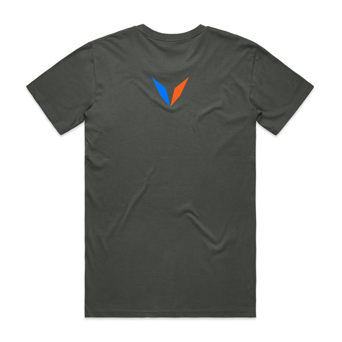Back of Voltare Charcoal Azure Kingfisher T-shirt with a blue-and-orange Voltare V on the upper back.