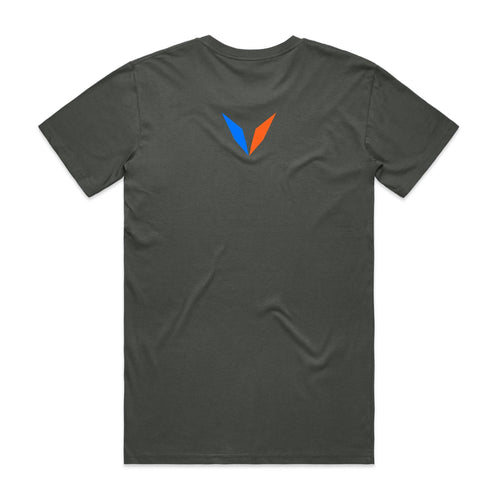 Back of Voltare Charcoal Azure Kingfisher T-shirt with a blue-and-orange Voltare V on the upper back.