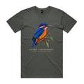 Front of Voltare Charcoal Azure Kingfisher T-shirt featuring a blue-and-orange bird perched on a eucalyptus branch.