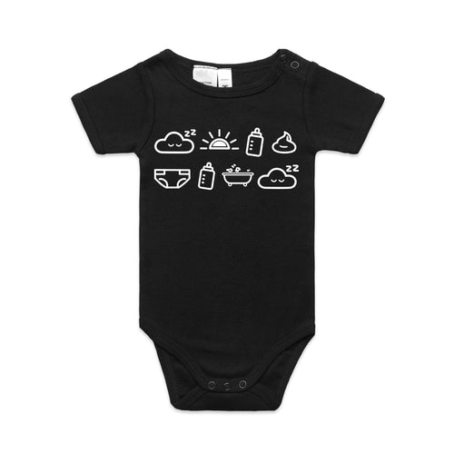 Front of the Black Voltare Baby Ritual organic infant one-piece with white sleep, sunrise, bottle, poo, nappy and bath icons