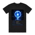 Front of Voltare Ball Lightning black tee with glowing blue-white sphere above wet ground, phenomenon-facts panel and blue lettering