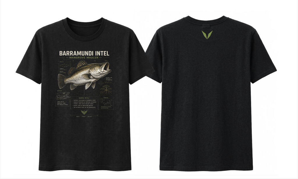 Front and back preview of the Black Voltare Barramundi Mangrove Mauler fishing tee with silver-and-olive fish artwork, illustrated fact panels and an olive-green back V