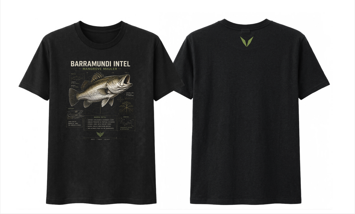 Front and back preview of the Black Voltare Barramundi Mangrove Mauler fishing tee with silver-and-olive fish artwork, illustrated fact panels and an olive-green back V