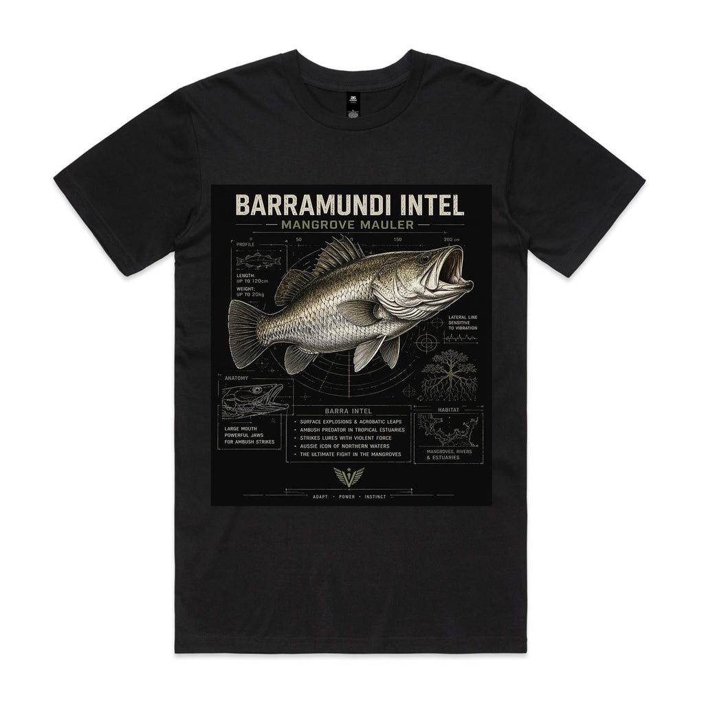 Black Voltare Barramundi Mangrove Mauler fishing tee featuring silver-and-olive barramundi artwork, Barramundi Intel lettering and illustrated fish fact panels