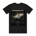 Black Voltare Barramundi Mangrove Mauler fishing tee featuring silver-and-olive barramundi artwork, Barramundi Intel lettering and illustrated fish fact panels