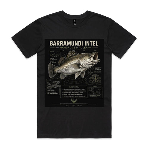 Black Voltare Barramundi Mangrove Mauler fishing tee featuring silver-and-olive barramundi artwork, Barramundi Intel lettering and illustrated fish fact panels