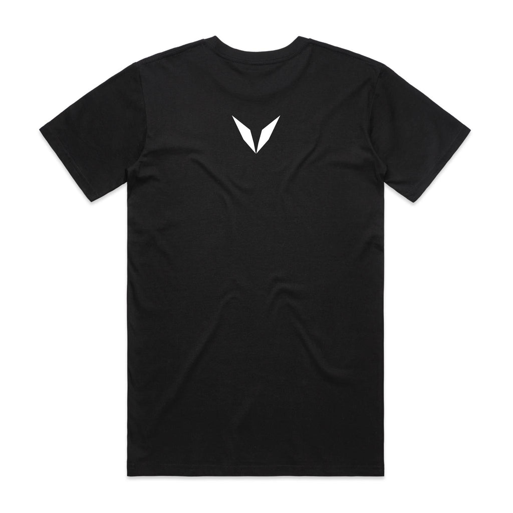 Back of the Black Voltare Bass Surface Striker Fishing tee with a white Voltare V high on the back