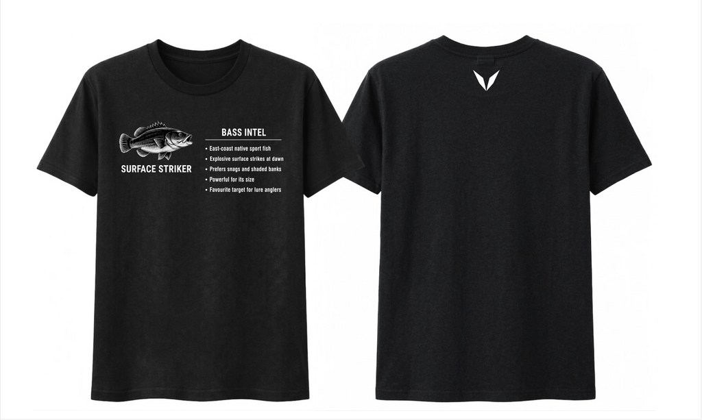 Front and back preview of the Black Voltare Bass Surface Striker Fishing tee with black-and-white bass artwork, a fishing fact panel and a white back V

