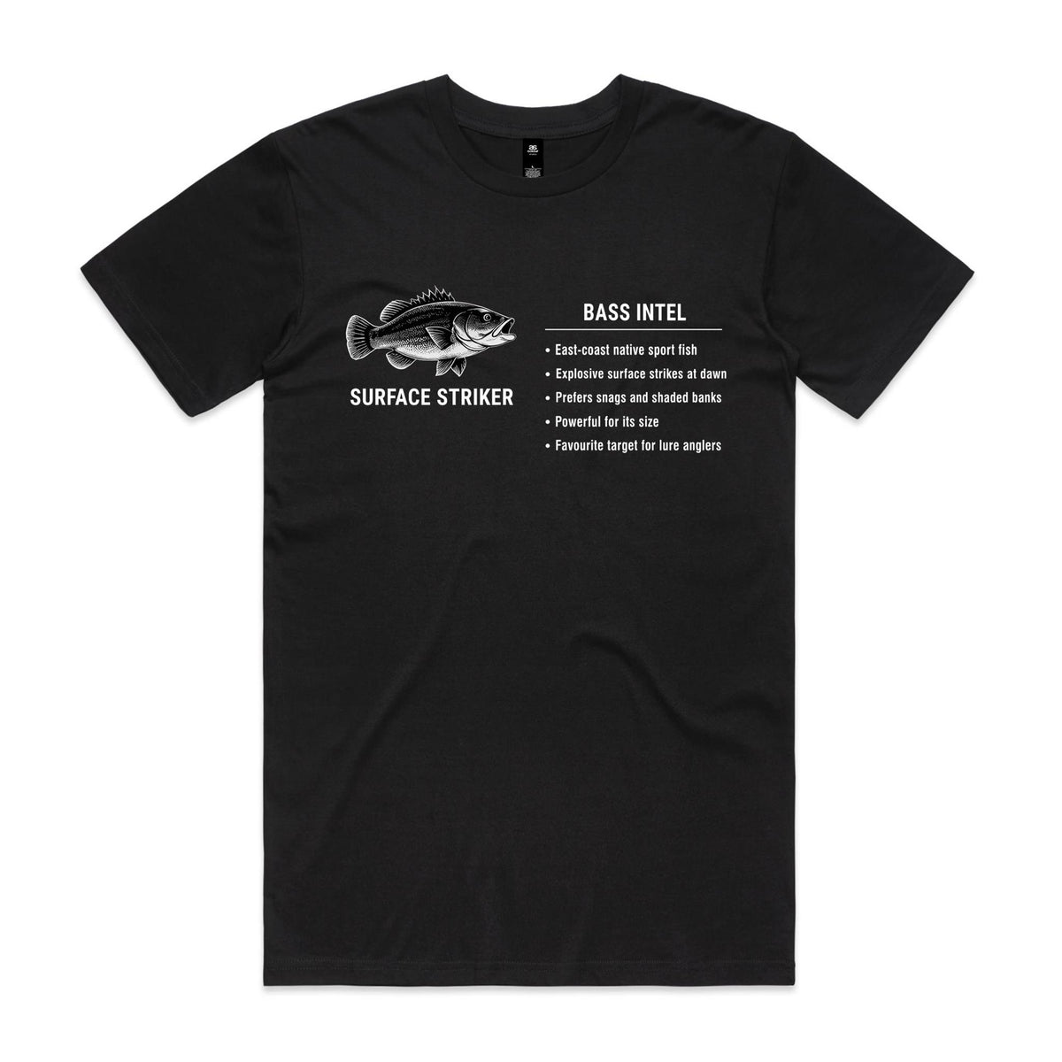 Black Voltare Bass Surface Striker fishing tee featuring a black-and-white bass illustration, Surface Striker lettering and a Bass Intel fishing fact panel