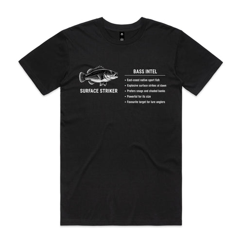 Black Voltare Bass Surface Striker fishing tee featuring a black-and-white bass illustration, Surface Striker lettering and a Bass Intel fishing fact panel