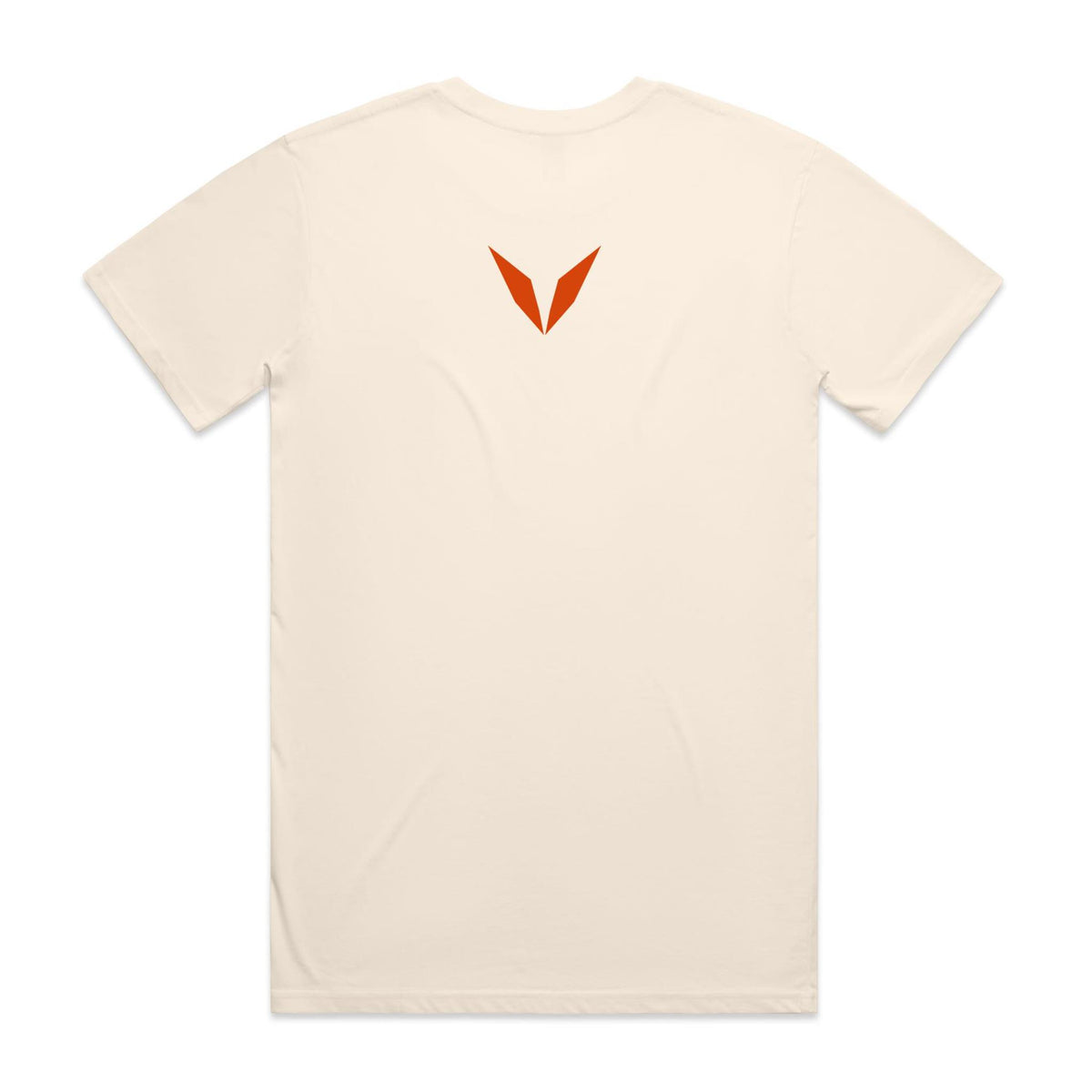 Back of the Ecru Voltare Bay of Fires Orange Rocks Coastal tee with a vivid orange Voltare V high on the back